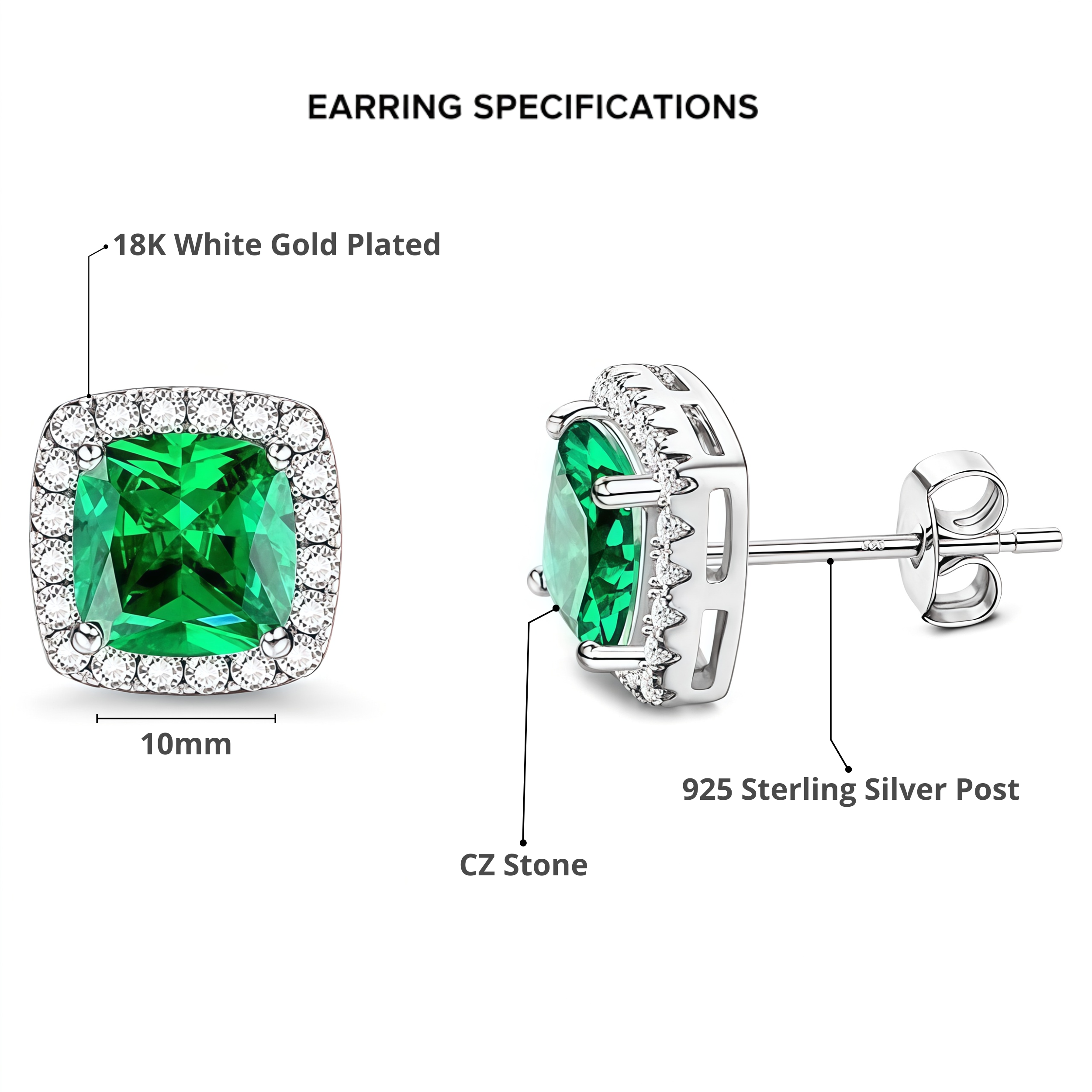 2 Pair Set - 925 Sterling Silver Post Stud Earrings 18K White Gold Plated Emerald CZ Round Solitaire & Square Halo (10mm/8mm)