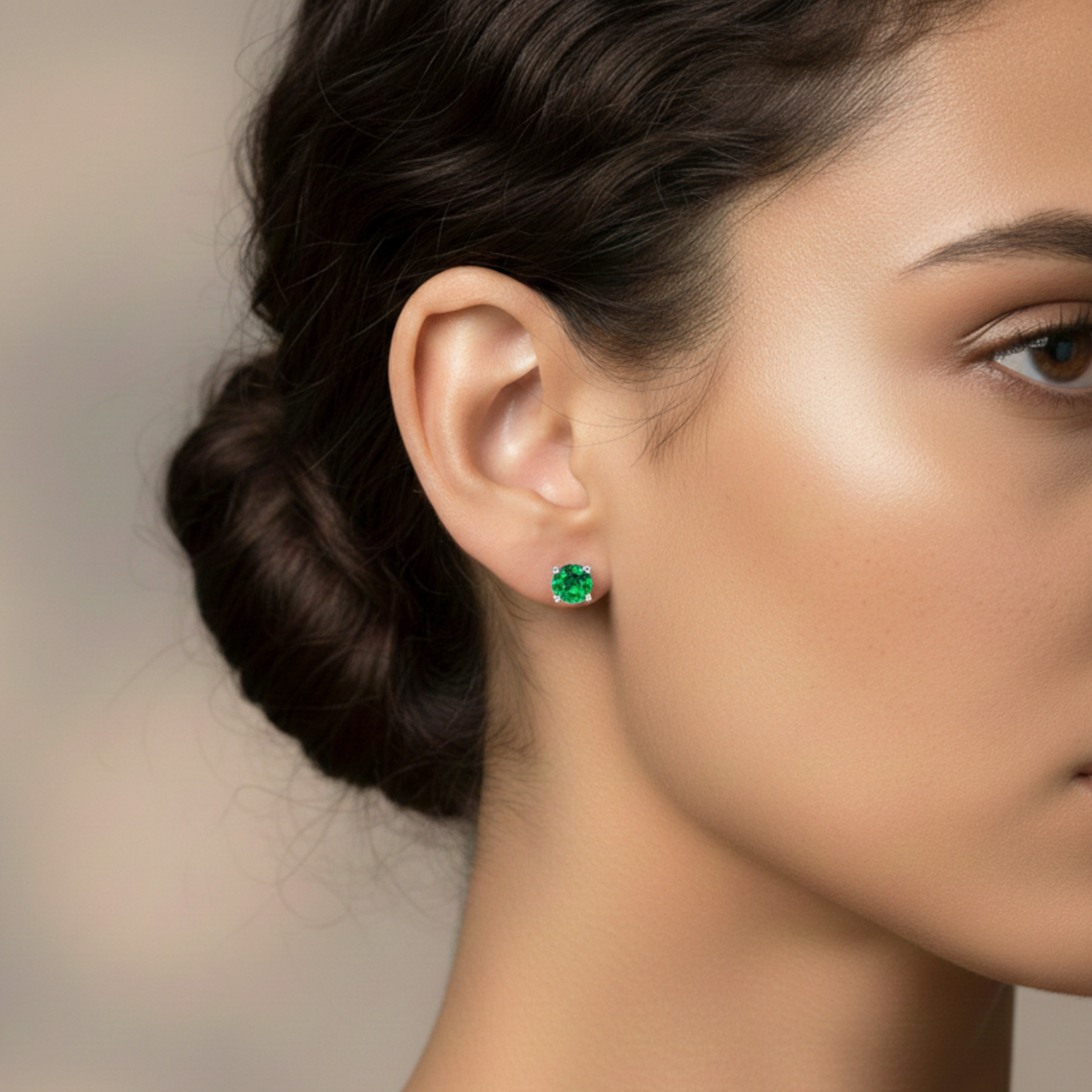 2 Pair Set - 925 Sterling Silver Post Stud Earrings 18K White Gold Plated Emerald CZ Round Solitaire & Square Halo (10mm/8mm)