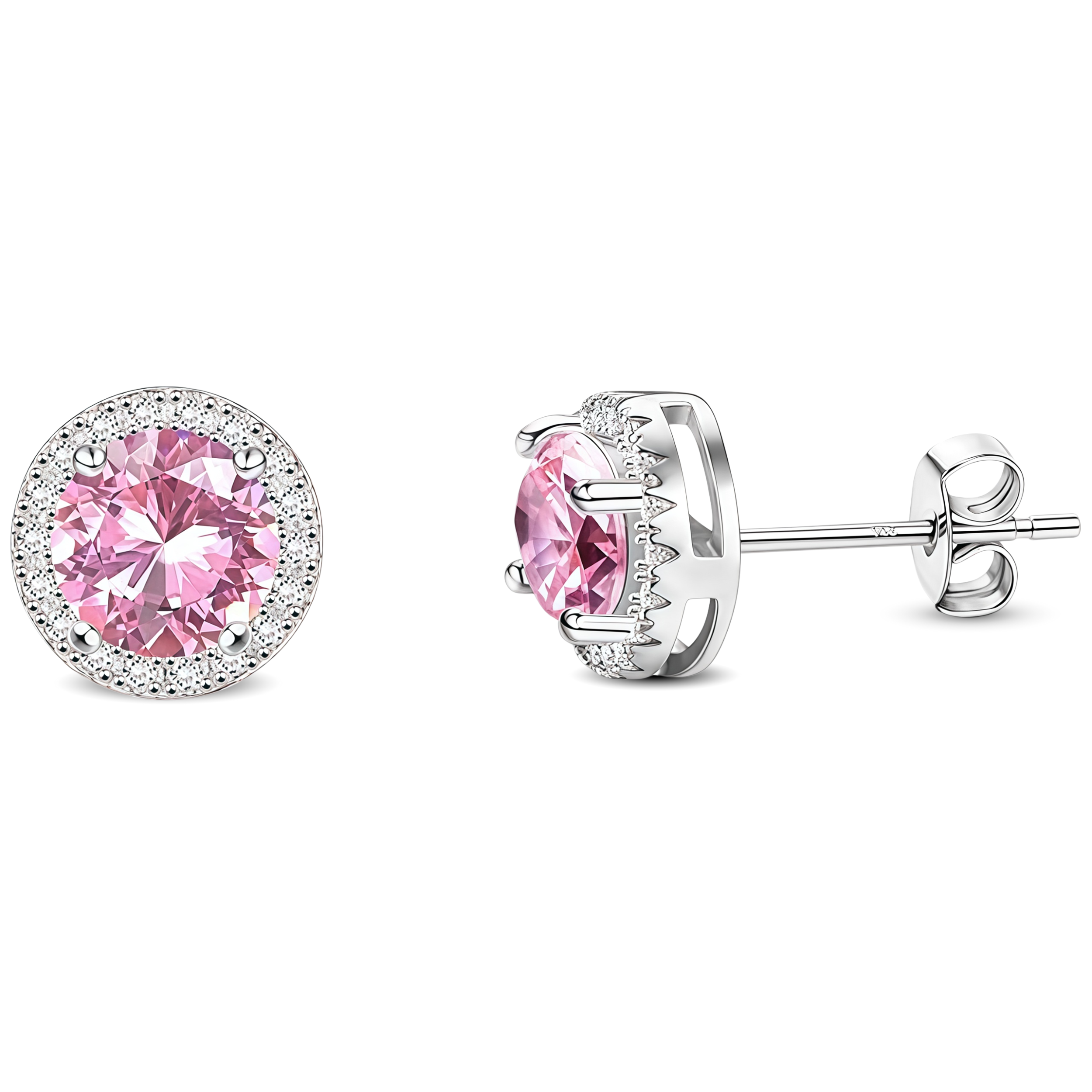 925 Sterling Silver Post Stud Earrings 18K White Gold Plated Pink CZ Round Cut Halo (8.5mm)
