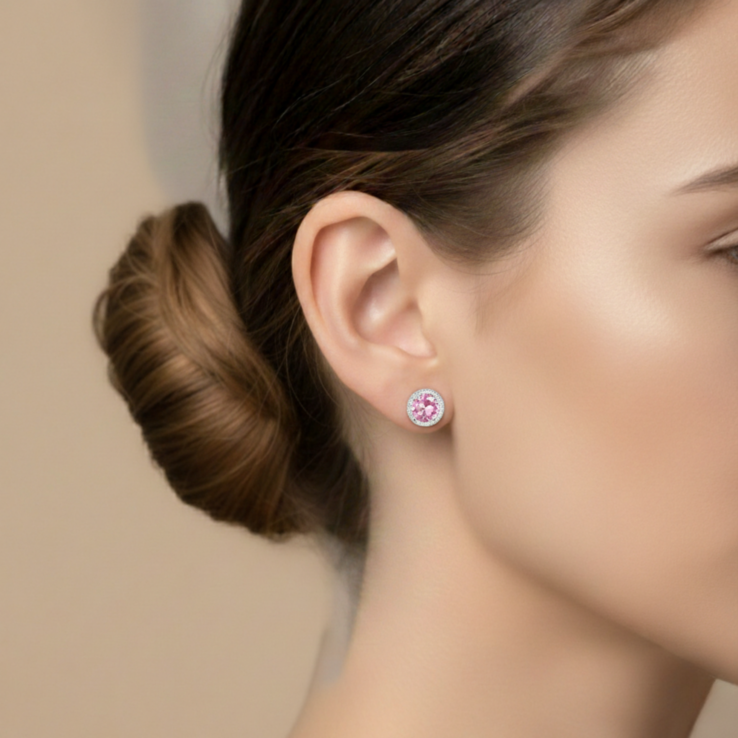 925 Sterling Silver Post Stud Earrings 18K White Gold Plated Pink CZ Round Cut Halo (8.5mm)