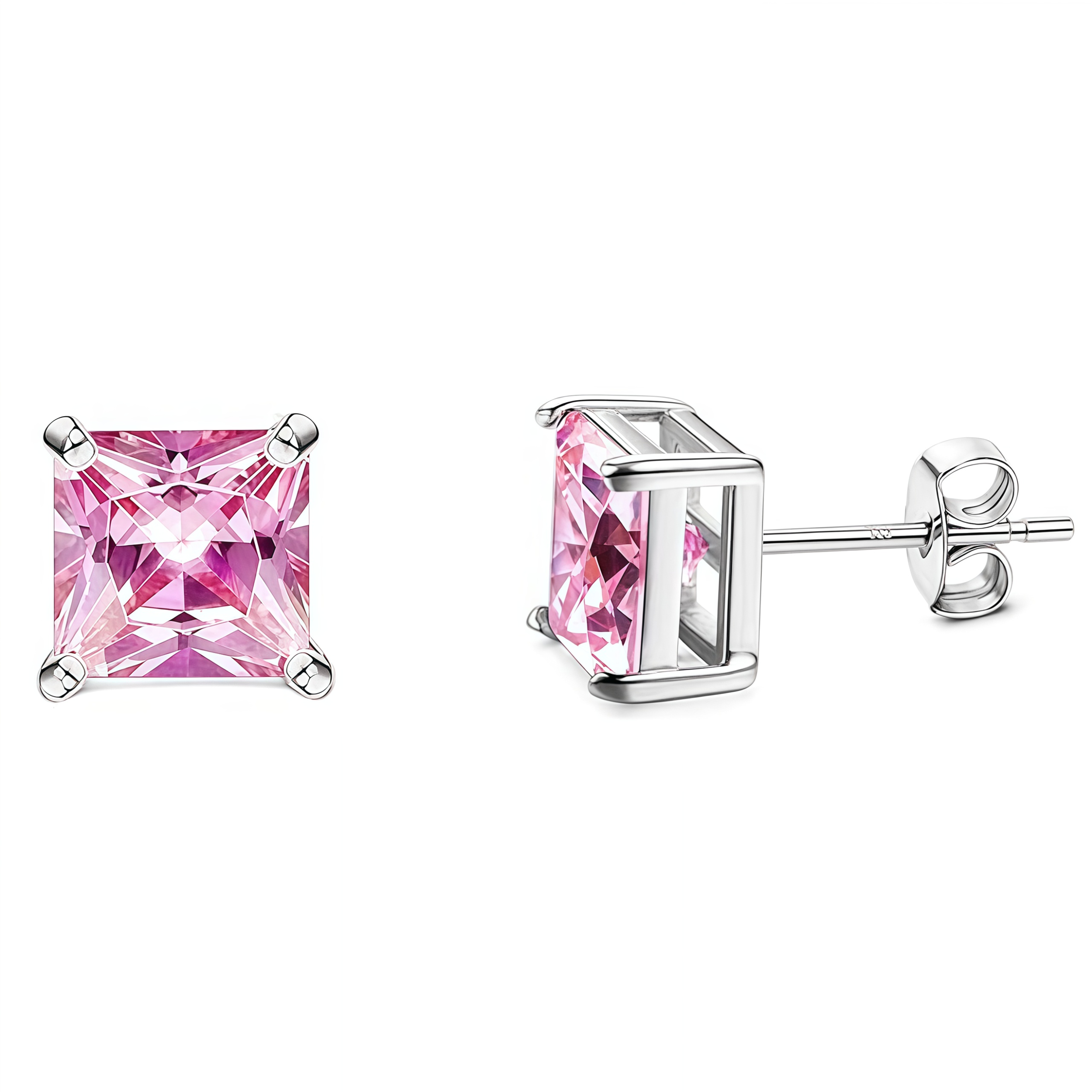 925 Sterling Silver Post Stud Earrings 18K White Gold Plated Pink CZ Princess Cut (8mm)