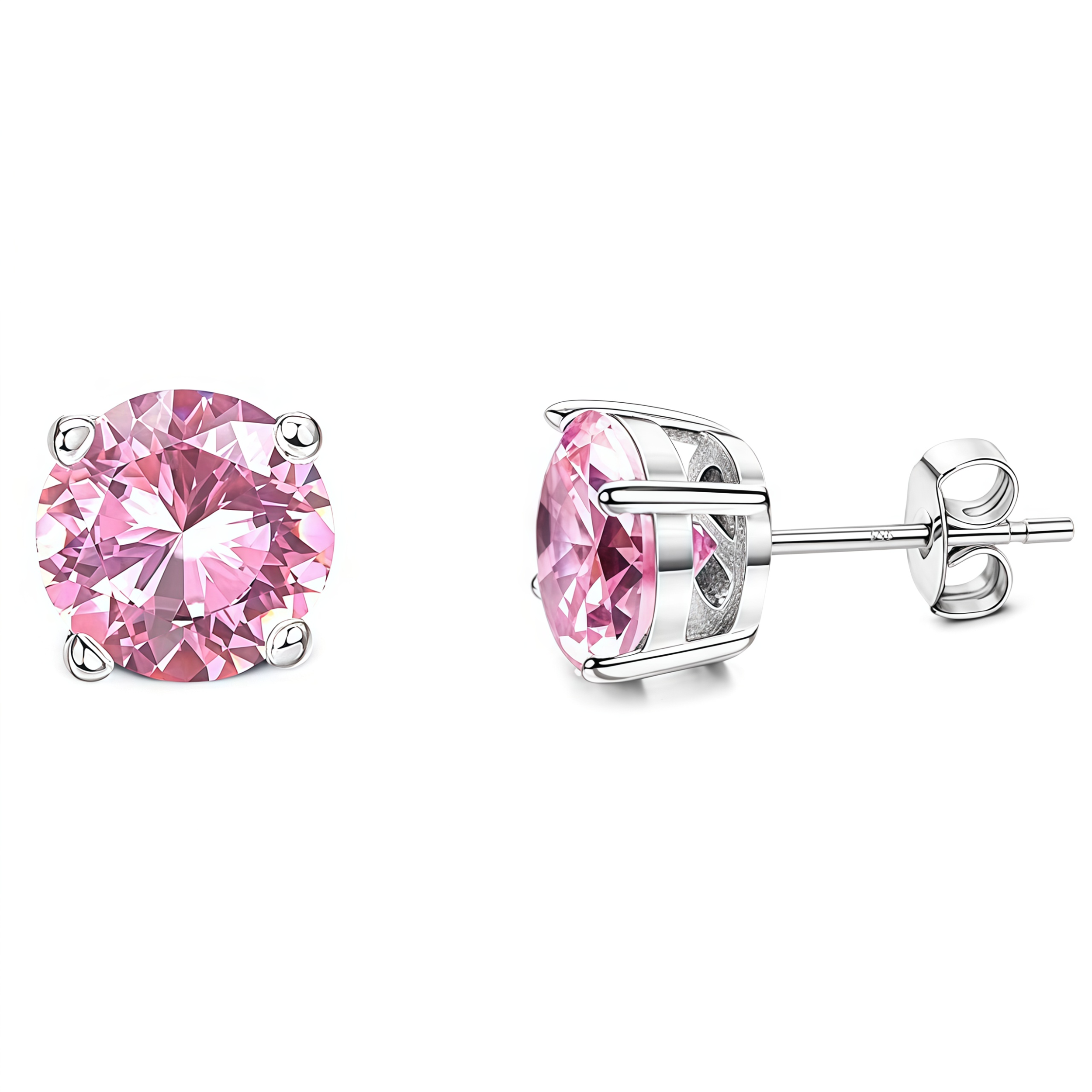 925 Sterling Silver Post Stud Earrings 18K White Gold Plated Pink CZ Round Solitaire (8mm)
