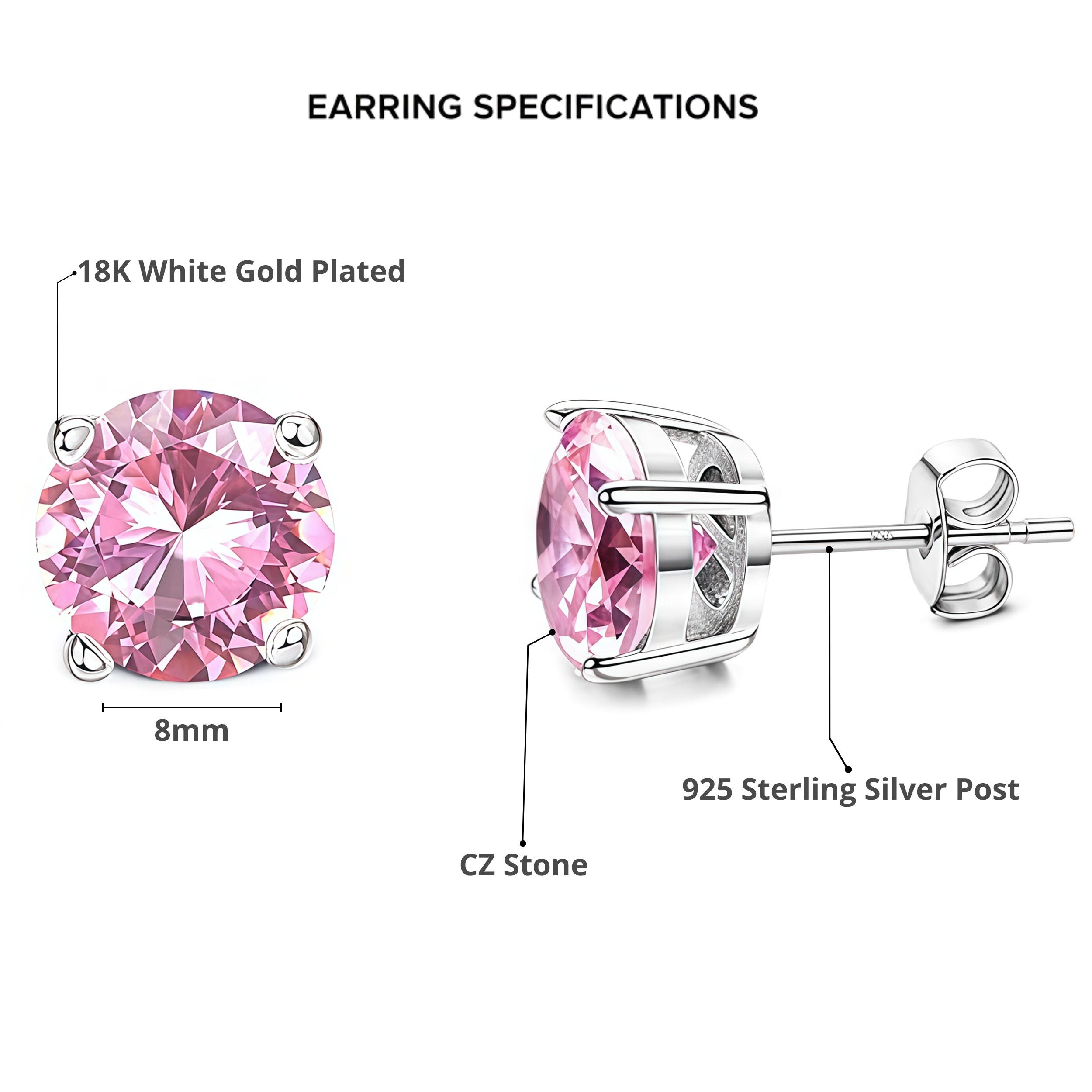 925 Sterling Silver Post Stud Earrings 18K White Gold Plated Pink CZ Round Solitaire (8mm)