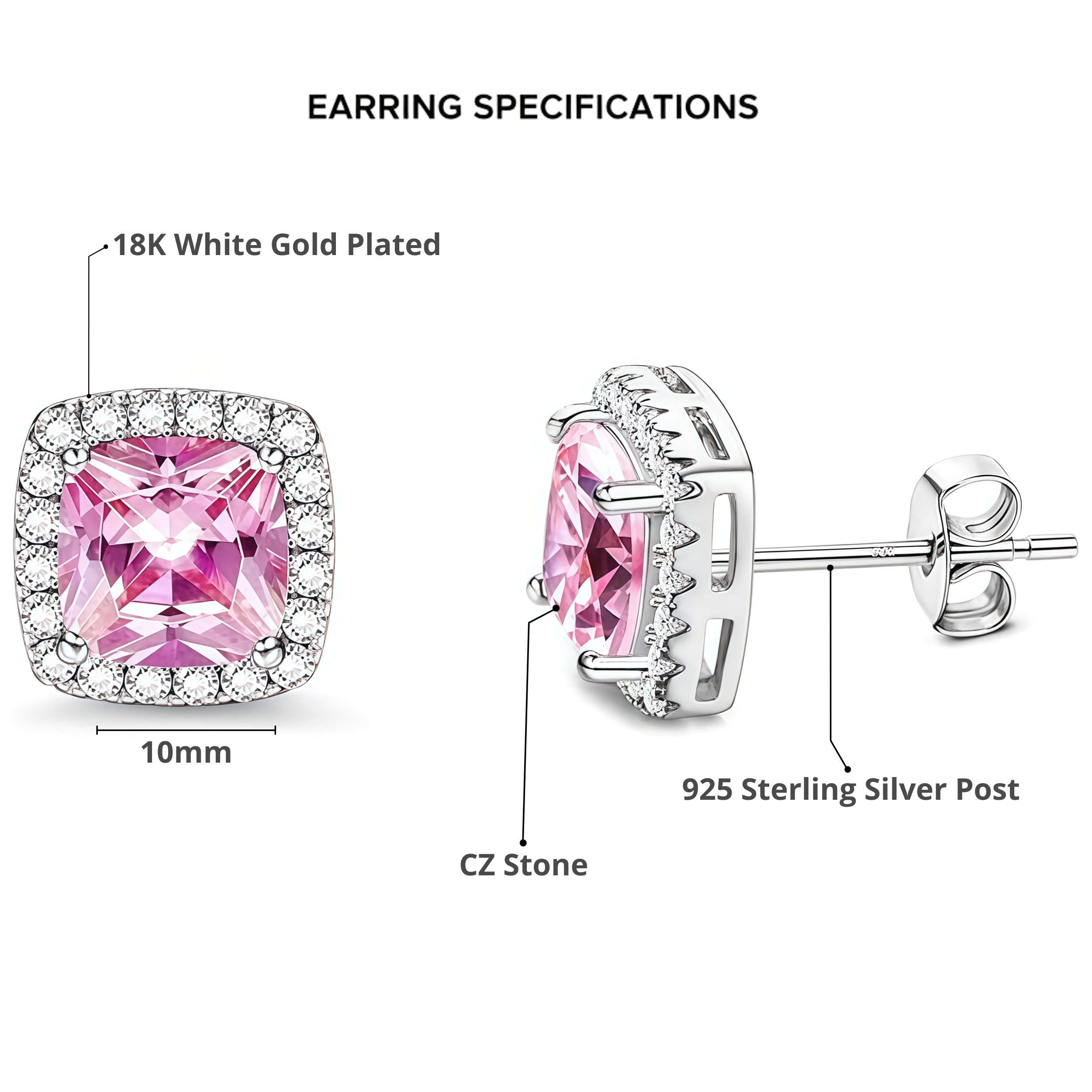 2 Pair Set - 925 Sterling Silver Post Stud Earrings 18K White Gold Plated Pink CZ Round Solitaire & Square Halo (10mm/8mm)