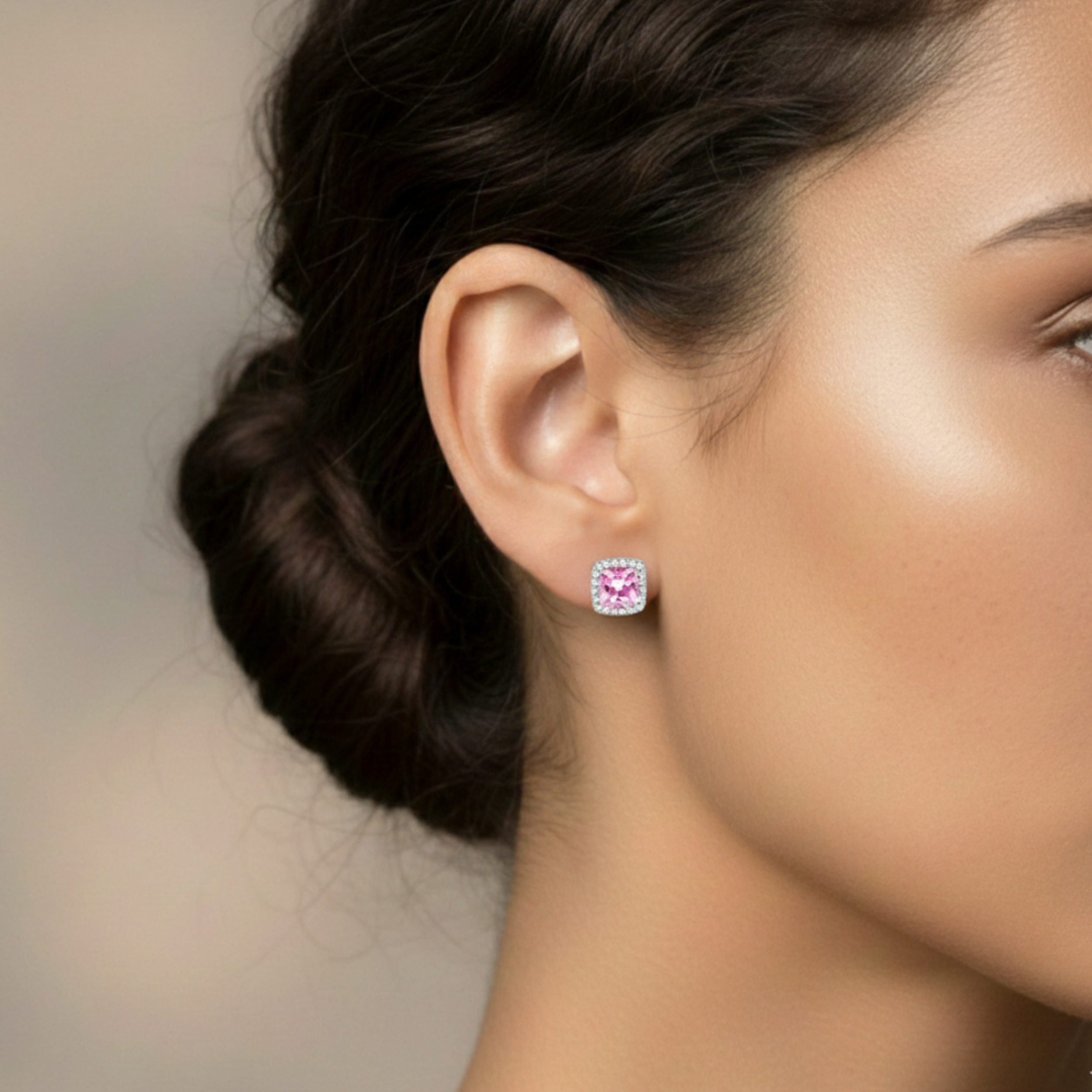 2 Pair Set - 925 Sterling Silver Post Stud Earrings 18K White Gold Plated Pink CZ Round Solitaire & Square Halo (10mm/8mm)