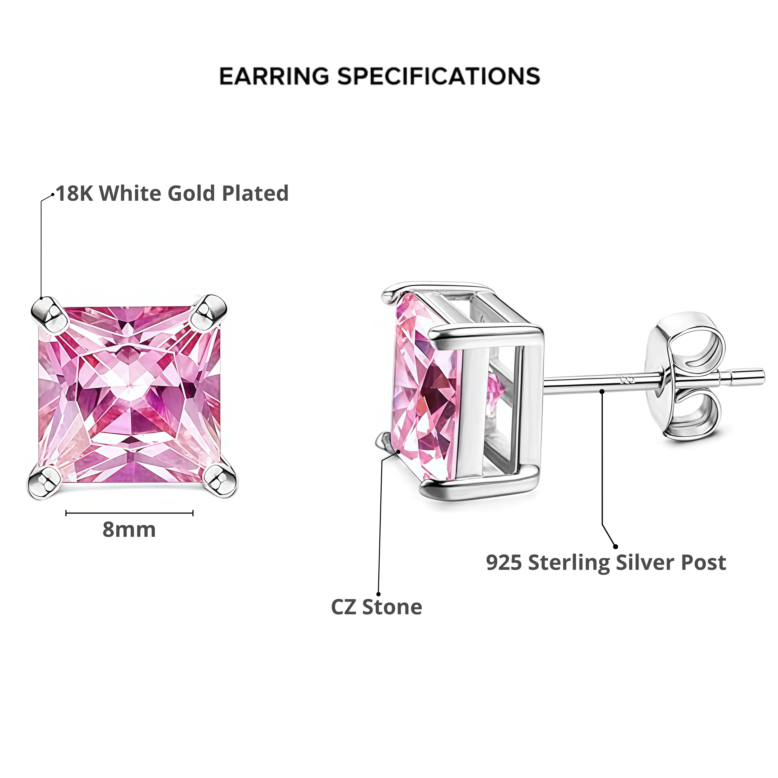2 Pair Set - 925 Sterling Silver Post  Stud Earrings 18K White Gold Plated Pink CZ Round Halo & Princess Cut (8.5mm/8mm)