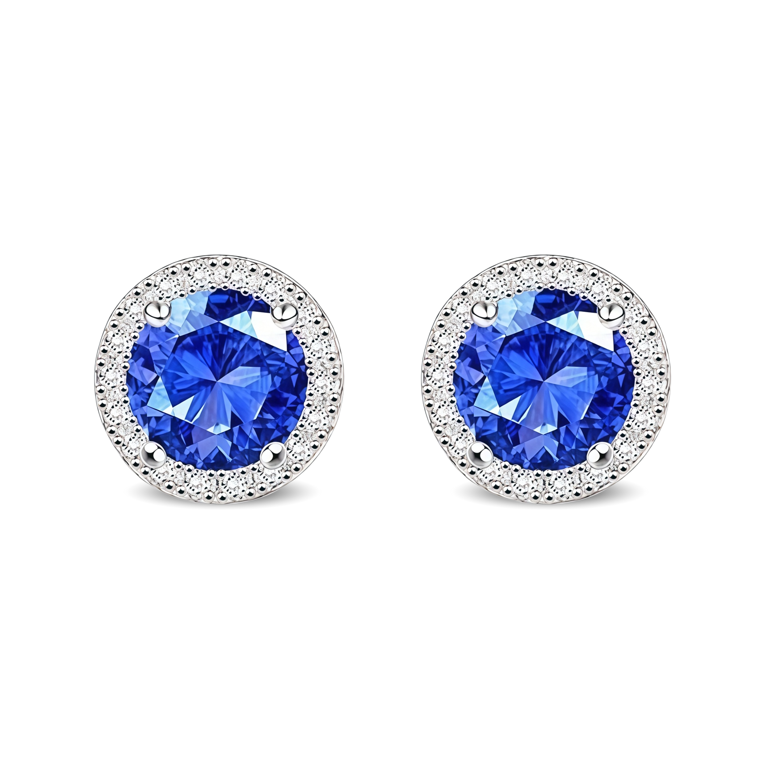 925 Sterling Silver Post Stud Earrings 18K White Gold Plated Dark Blue CZ Round Cut Halo (8.5mm)