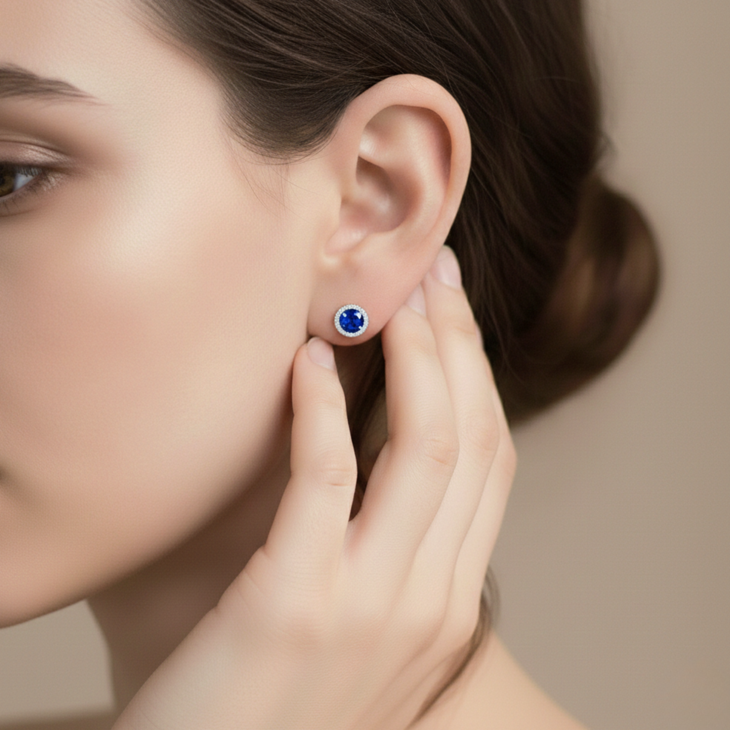 925 Sterling Silver Post Stud Earrings 18K White Gold Plated Dark Blue CZ Round Cut Halo (8.5mm)