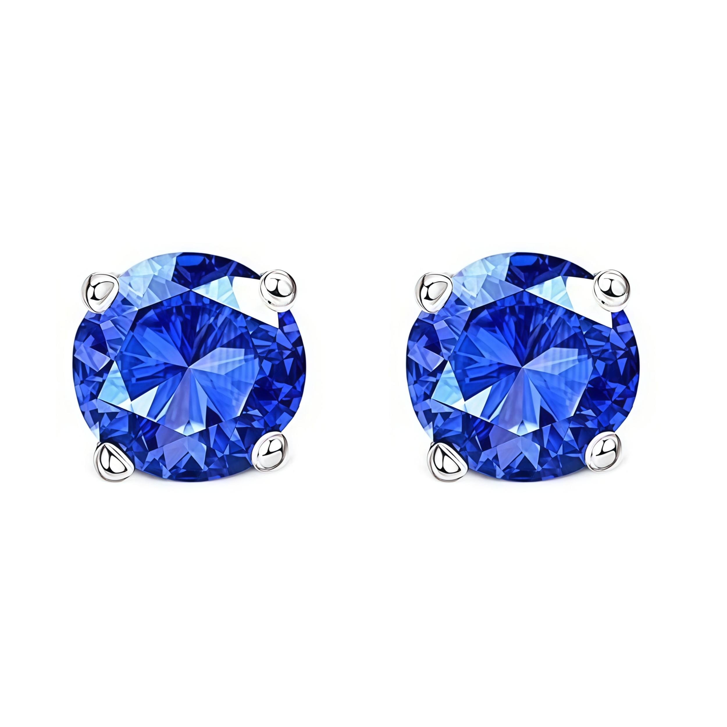 925 Sterling Silver Post Stud Earrings 18K White Gold Plated Dark Blue CZ Round Solitaire (8mm)