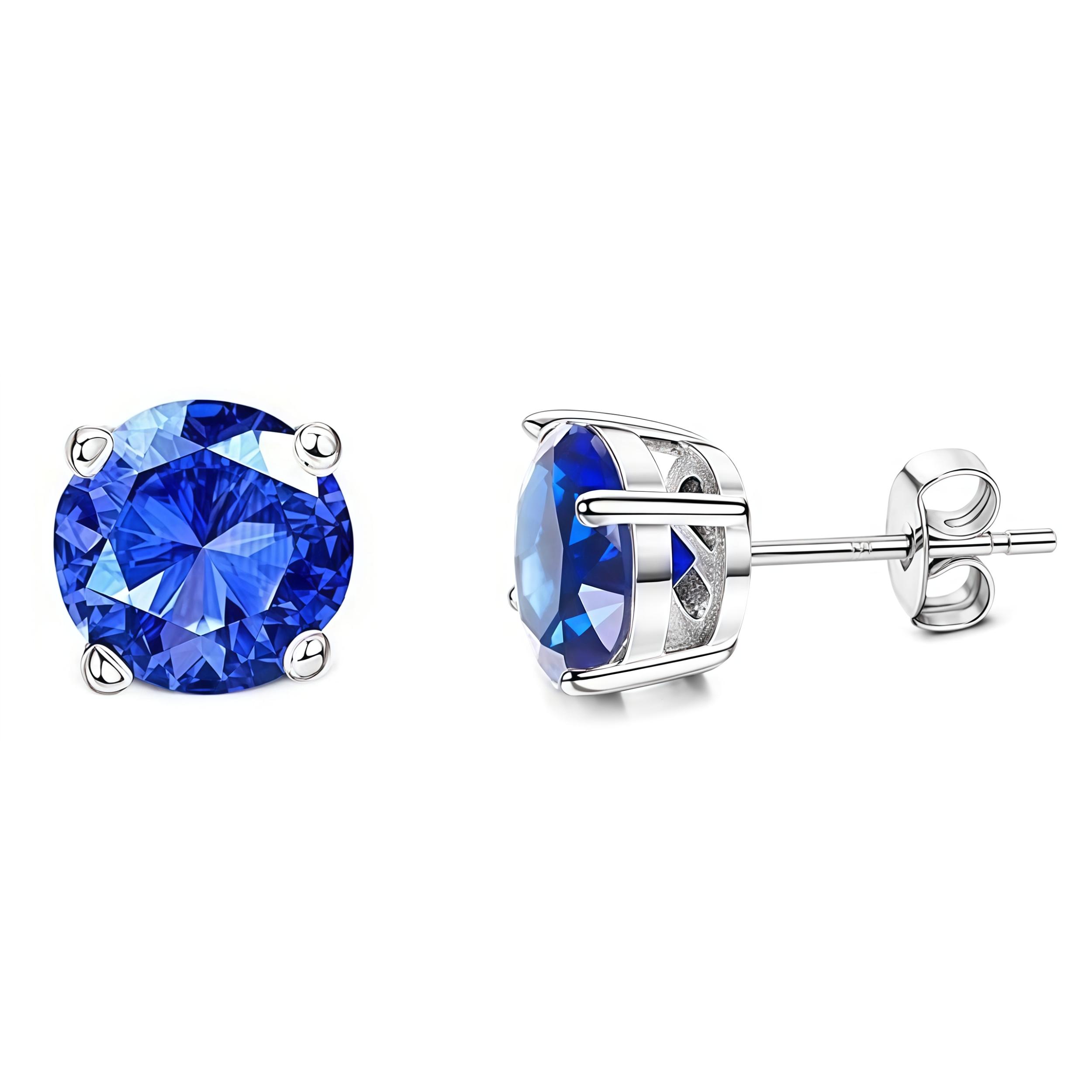 925 Sterling Silver Post Stud Earrings 18K White Gold Plated Dark Blue CZ Round Solitaire (8mm)