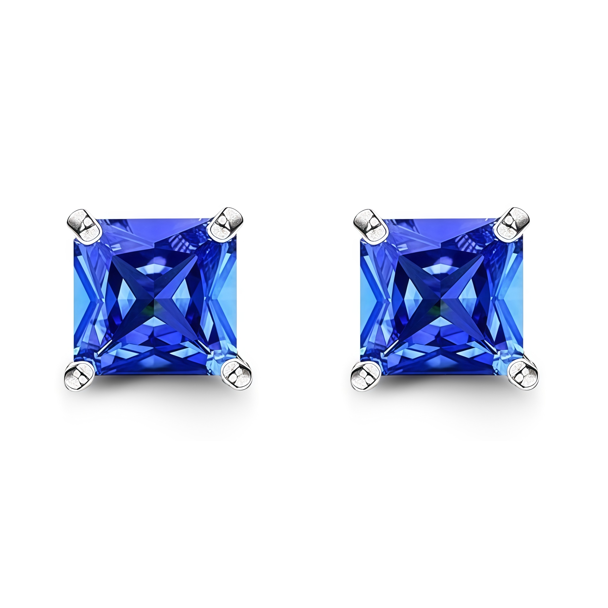 925 Sterling Silver Post Stud Earrings 18K White Gold Plated Dark Blue CZ Princess Cut (8mm)
