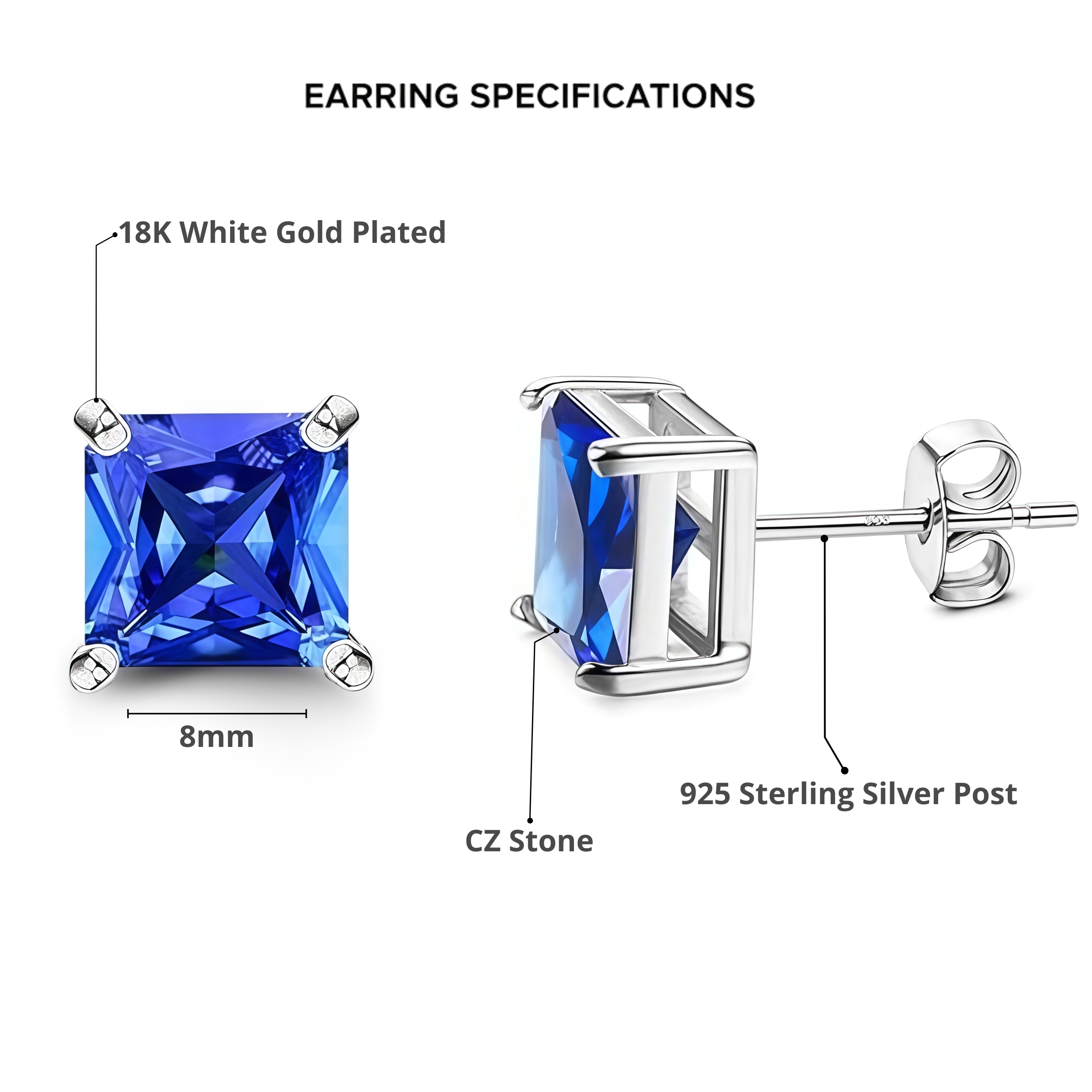 925 Sterling Silver Post Stud Earrings 18K White Gold Plated Dark Blue CZ Princess Cut (8mm)