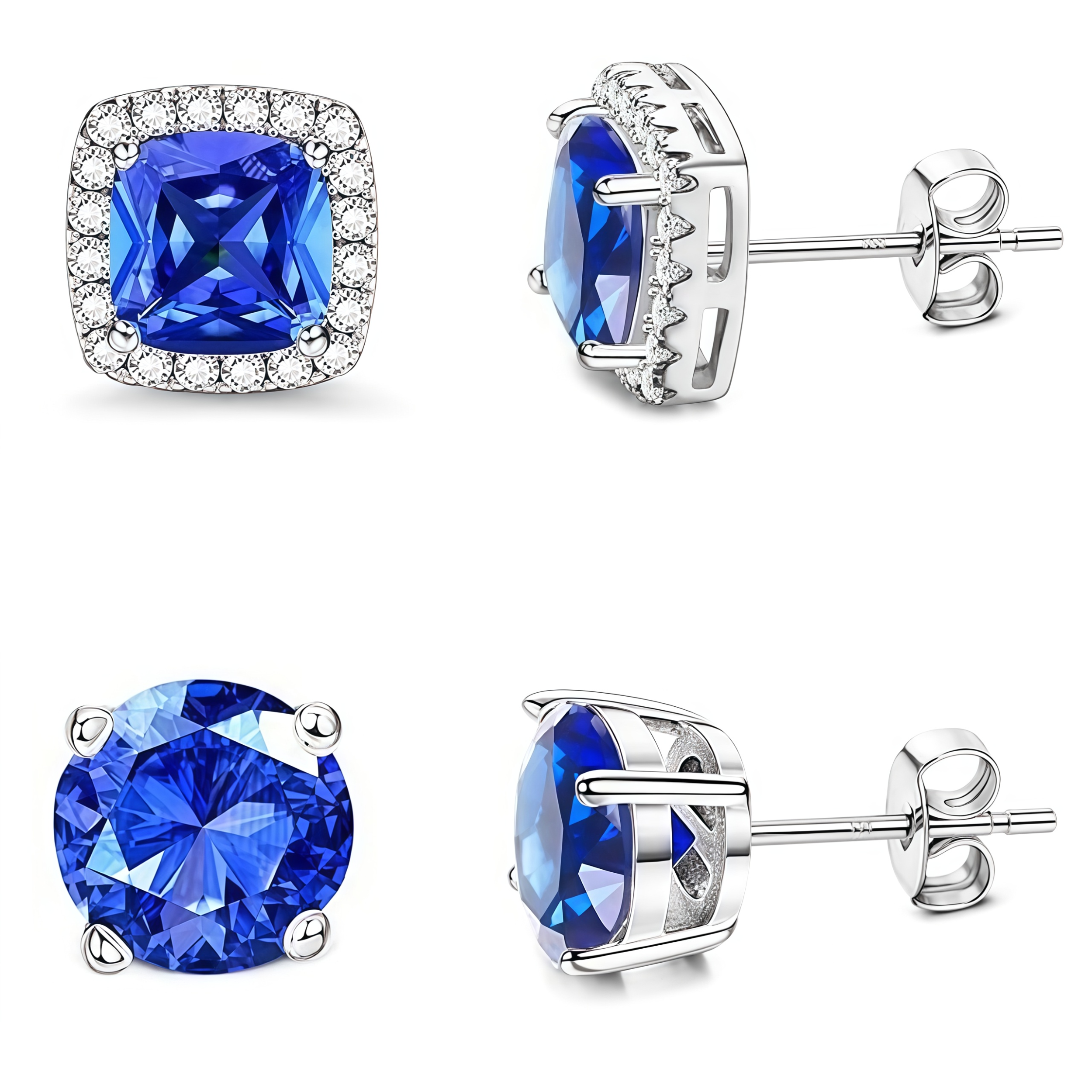 2 Pair Set - 925 Sterling Silver Post Stud Earrings 18K White Gold Plated Blue CZ Round Solitaire & Square Halo (10mm/8mm)