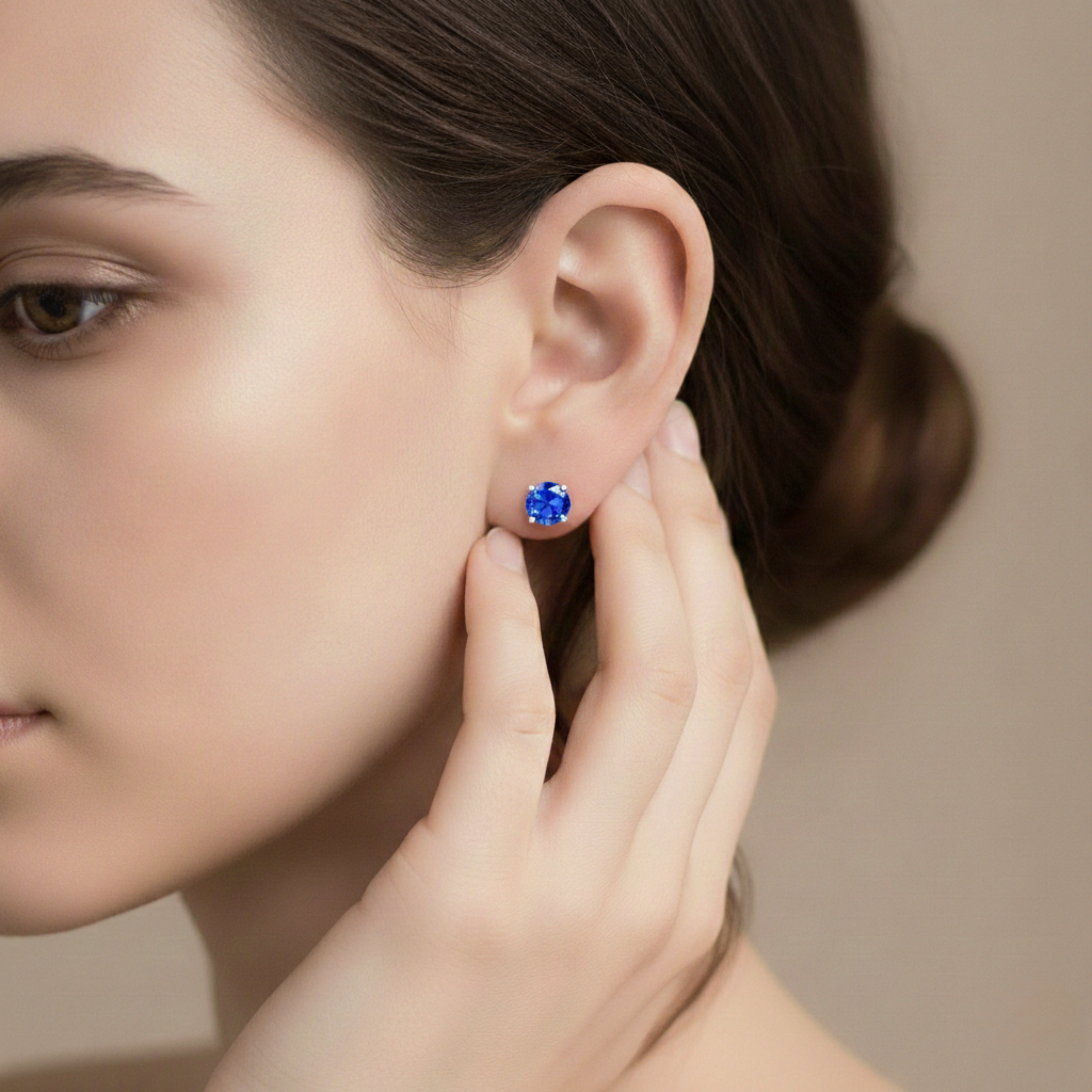 2 Pair Set - 925 Sterling Silver Post Stud Earrings 18K White Gold Plated Blue CZ Round Solitaire & Square Halo (10mm/8mm)