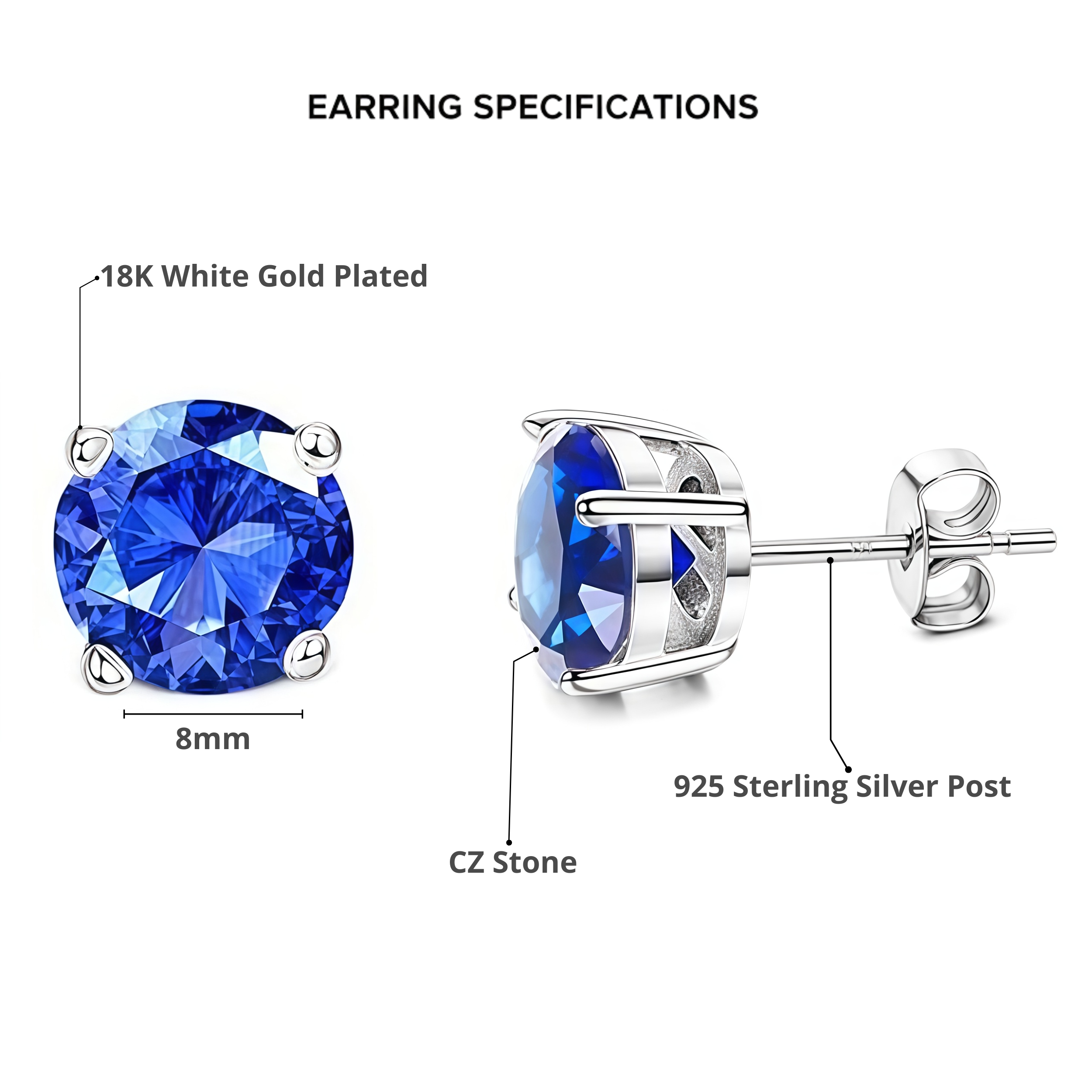 2 Pair Set - 925 Sterling Silver Post Stud Earrings 18K White Gold Plated Blue CZ Round Solitaire & Square Halo (10mm/8mm)