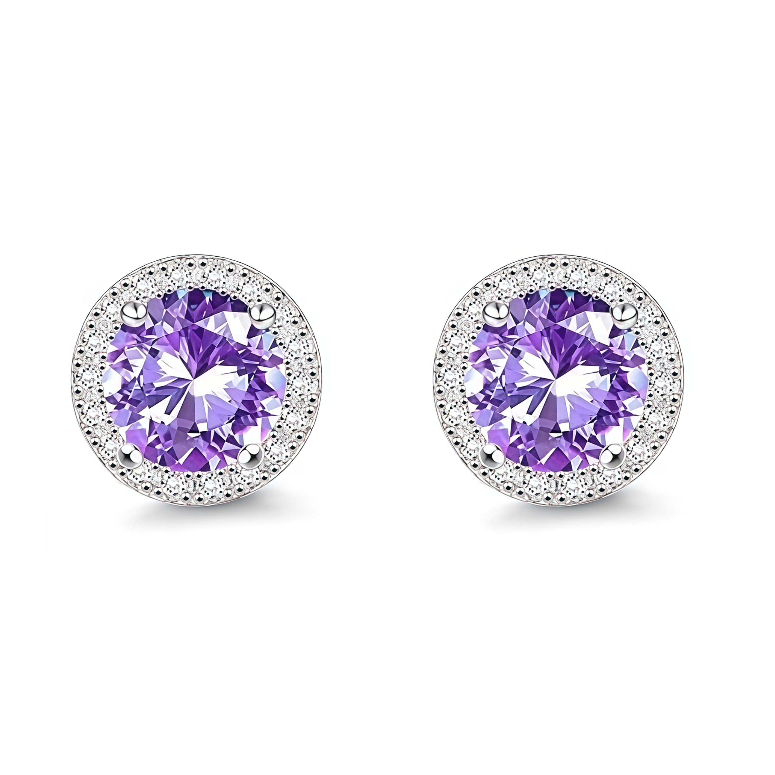925 Sterling Silver Post Stud Earrings 18K White Gold Plated Purple CZ Round Cut Halo (8.5mm)