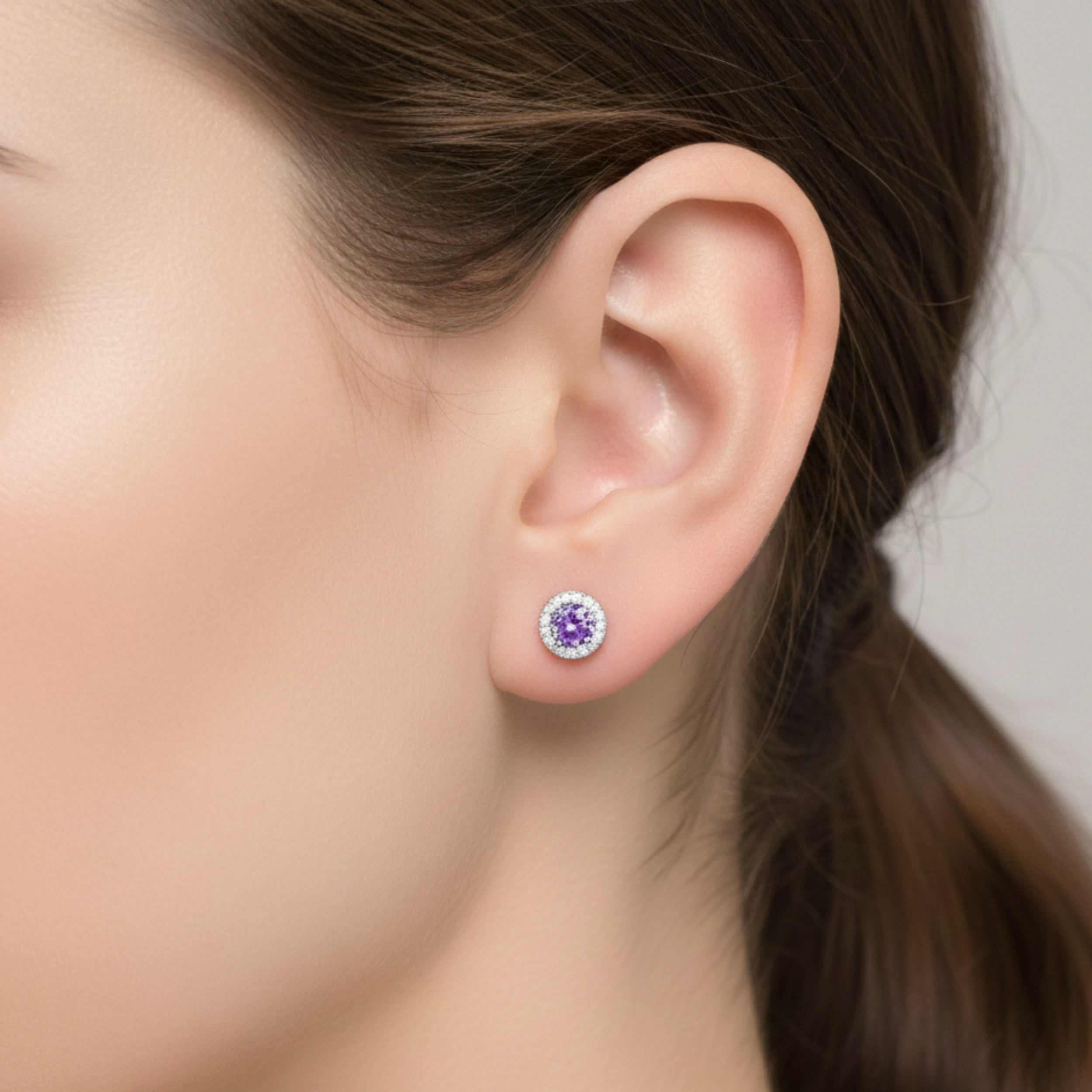 925 Sterling Silver Post Stud Earrings 18K White Gold Plated Purple CZ Round Cut Halo (8.5mm)