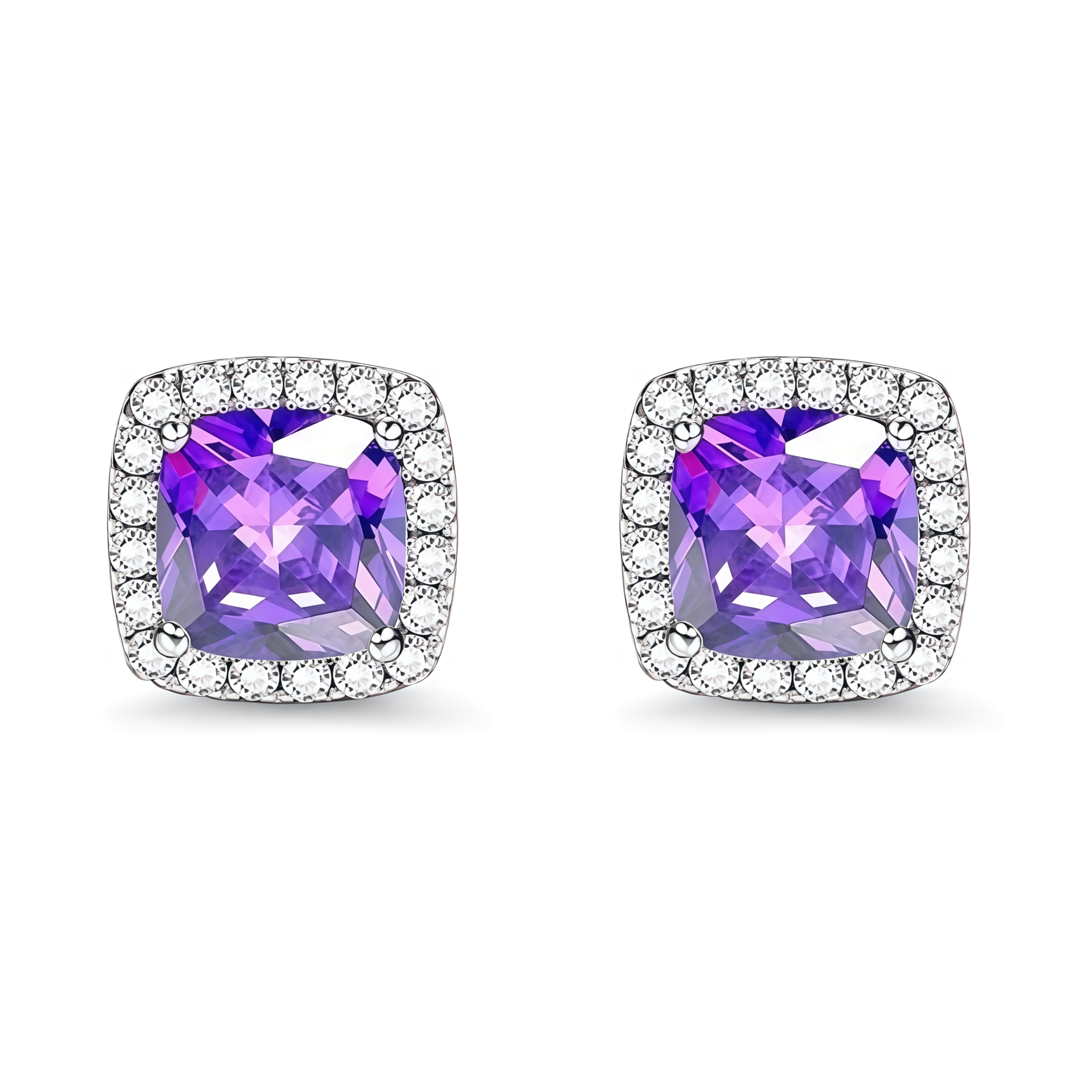 925 Sterling Silver Post Stud Earrings 18K White Gold Plated Purple CZ Square Cut Halo (10mm)