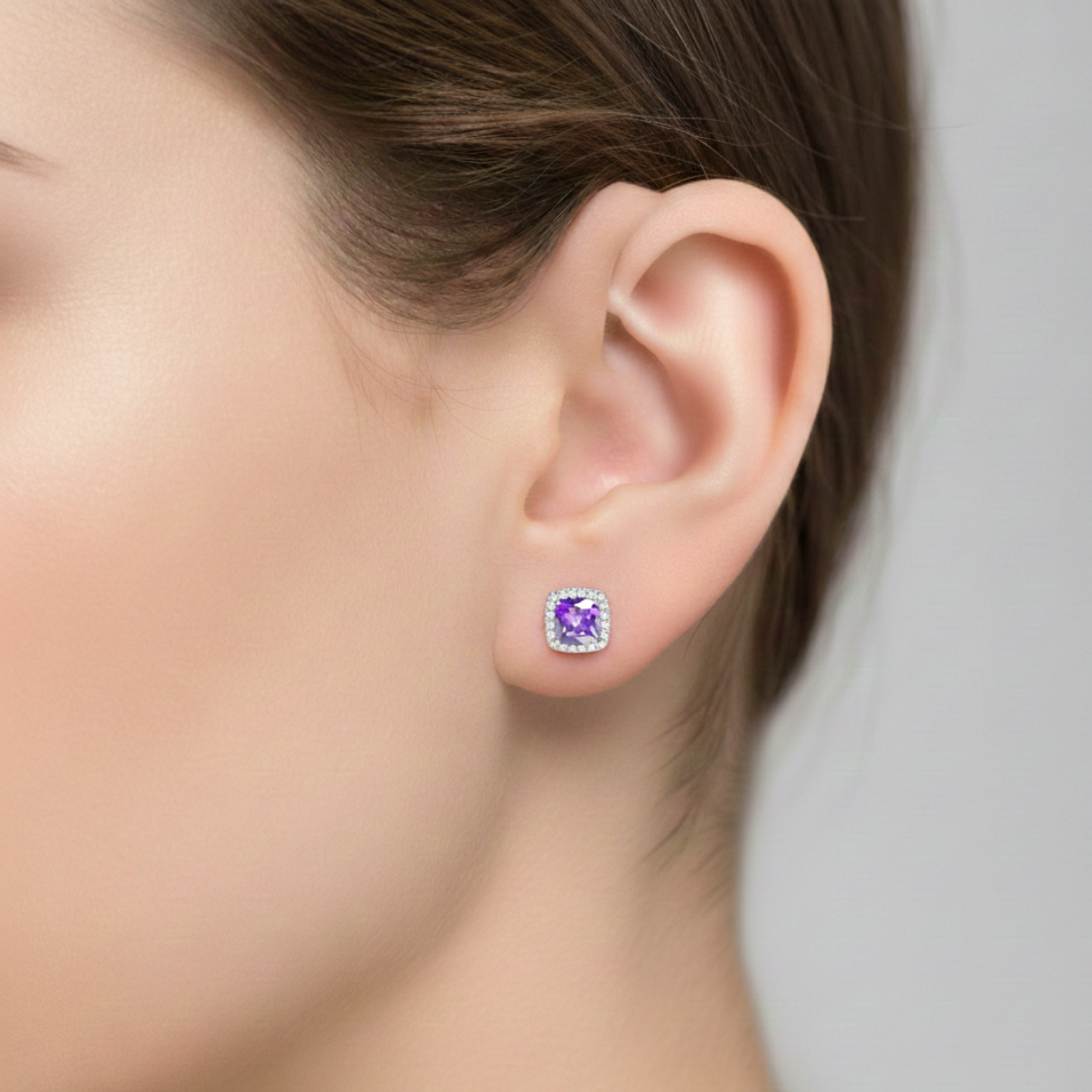 925 Sterling Silver Post Stud Earrings 18K White Gold Plated Purple CZ Square Cut Halo (10mm)