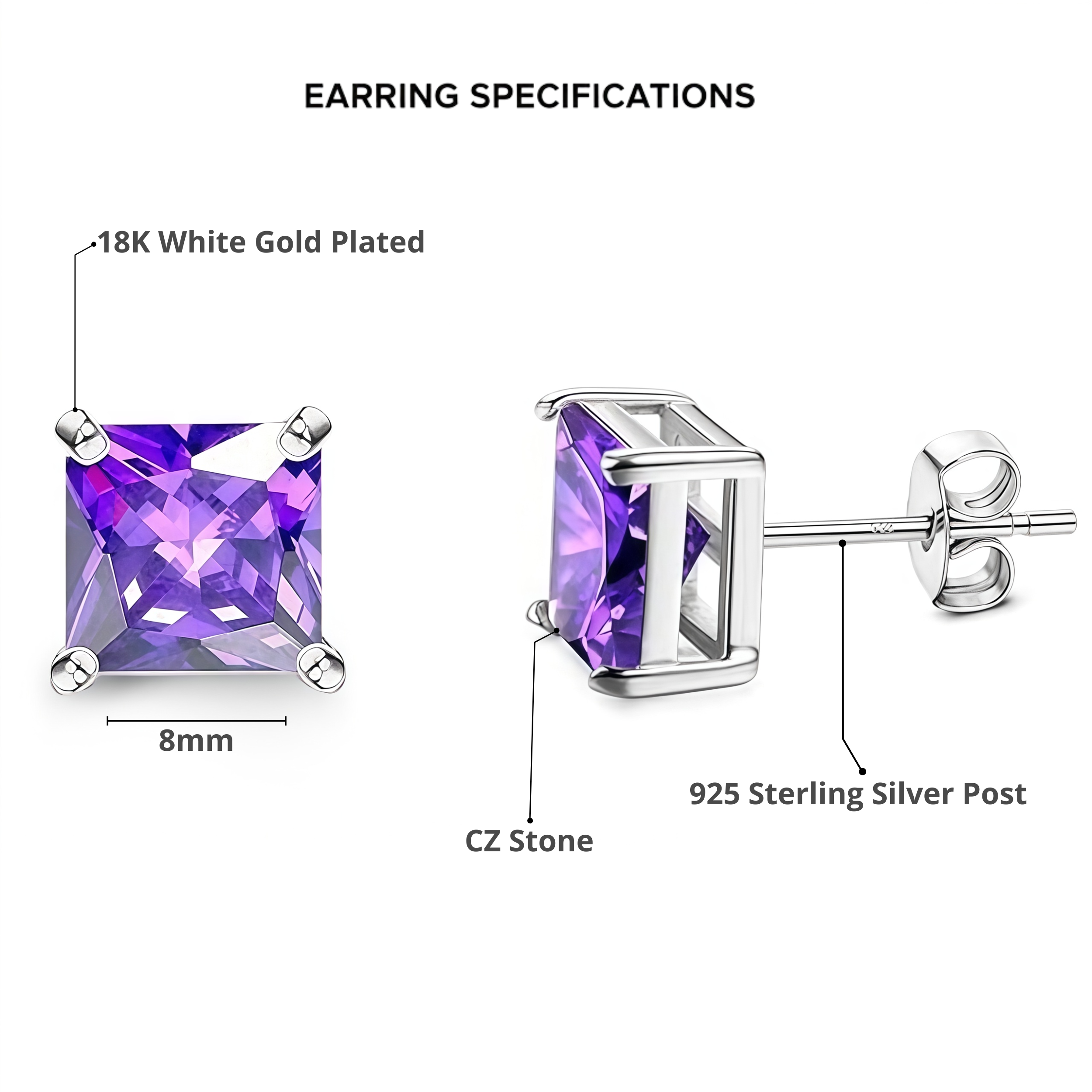 925 Sterling Silver Post Stud Earrings 18K White Gold Plated Purple CZ Princess Cut (8mm)
