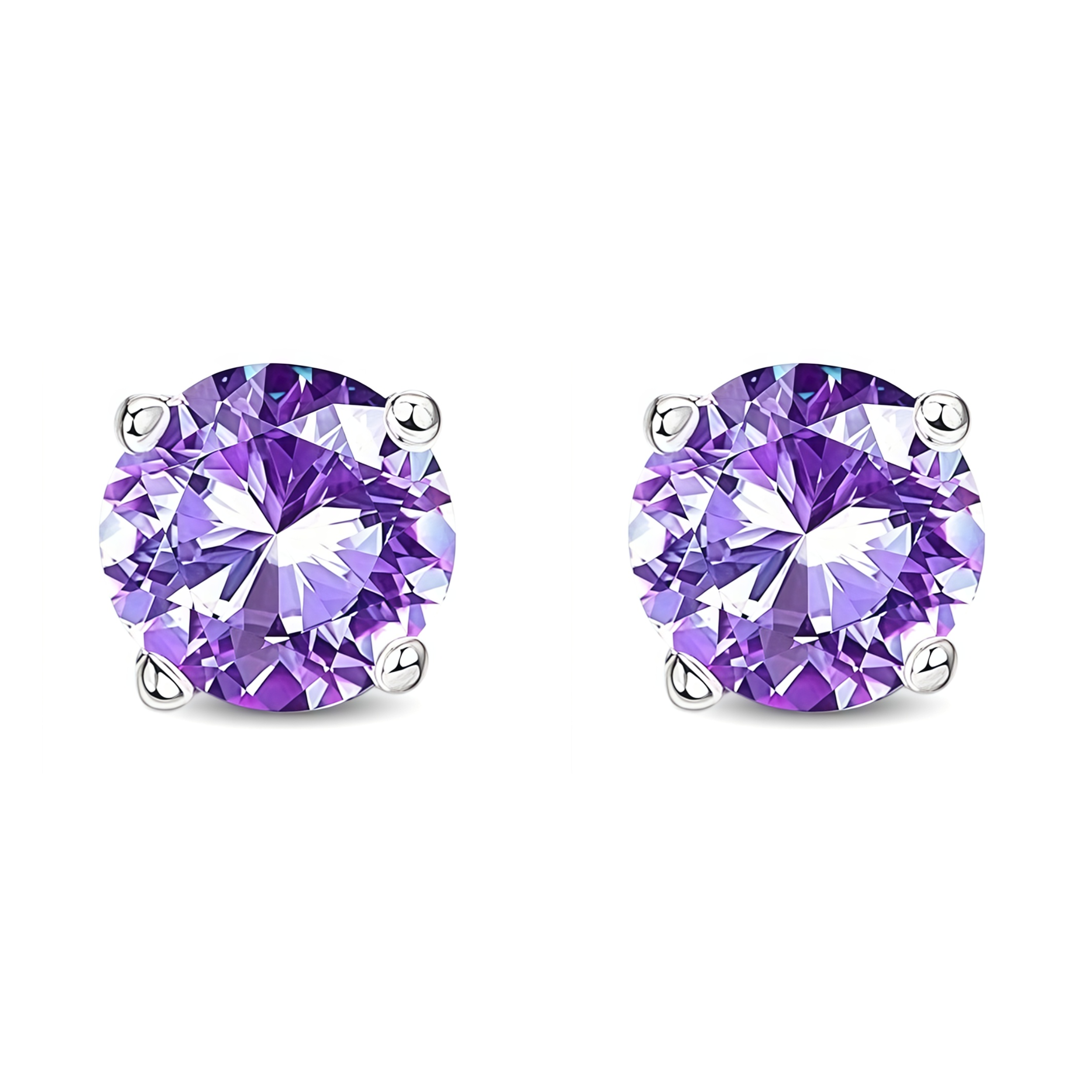 925 Sterling Silver Post Stud Earrings 18K White Gold Plated Purple CZ Round Solitaire (8mm)