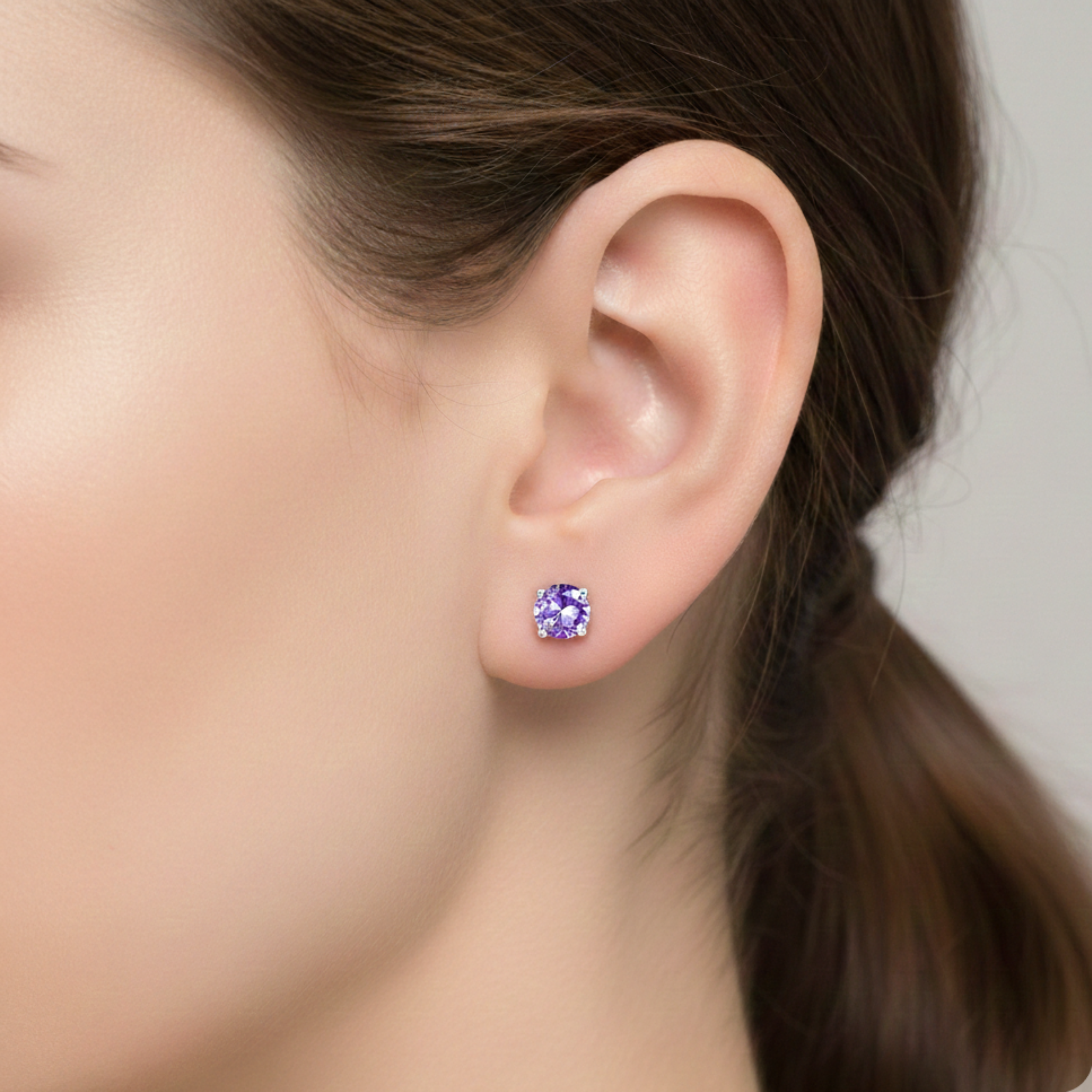 925 Sterling Silver Post Stud Earrings 18K White Gold Plated Purple CZ Round Solitaire (8mm)