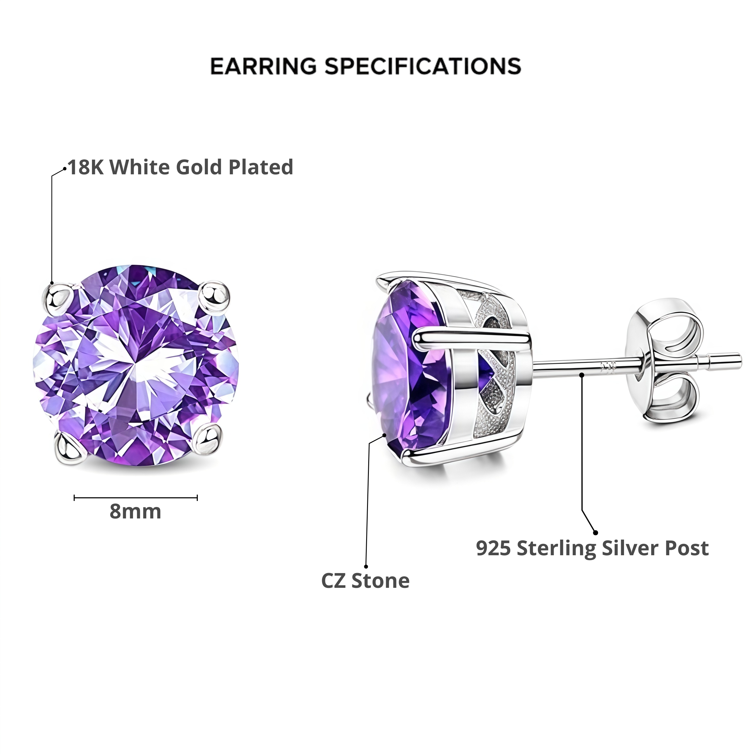 Copy of 2 Pair Set - 925 Sterling Silver Post Stud Earrings 18K White Gold Plated Purple CZ Round Solitaire & Square Halo (10mm/8mm)