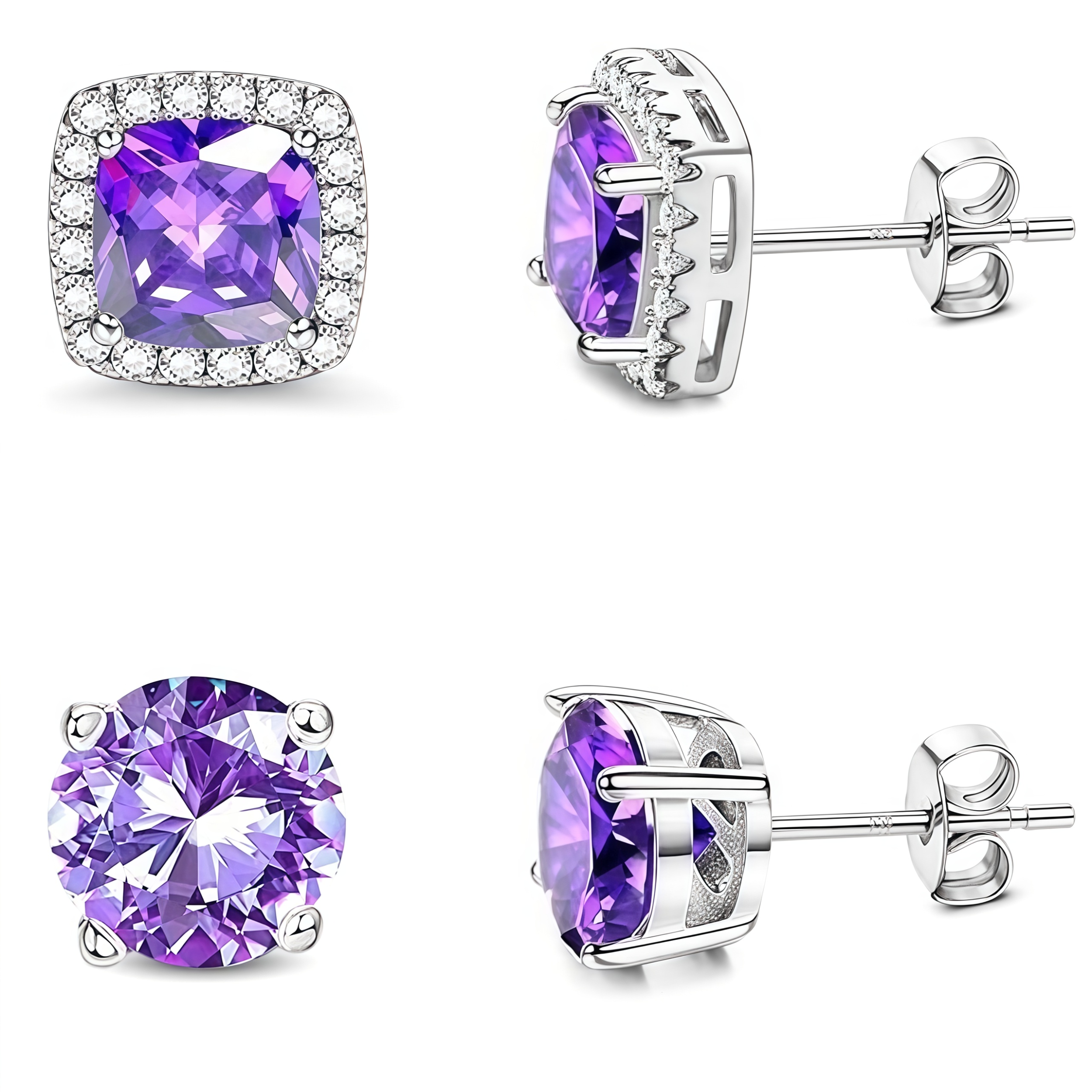 Copy of 2 Pair Set - 925 Sterling Silver Post Stud Earrings 18K White Gold Plated Purple CZ Round Solitaire & Square Halo (10mm/8mm)