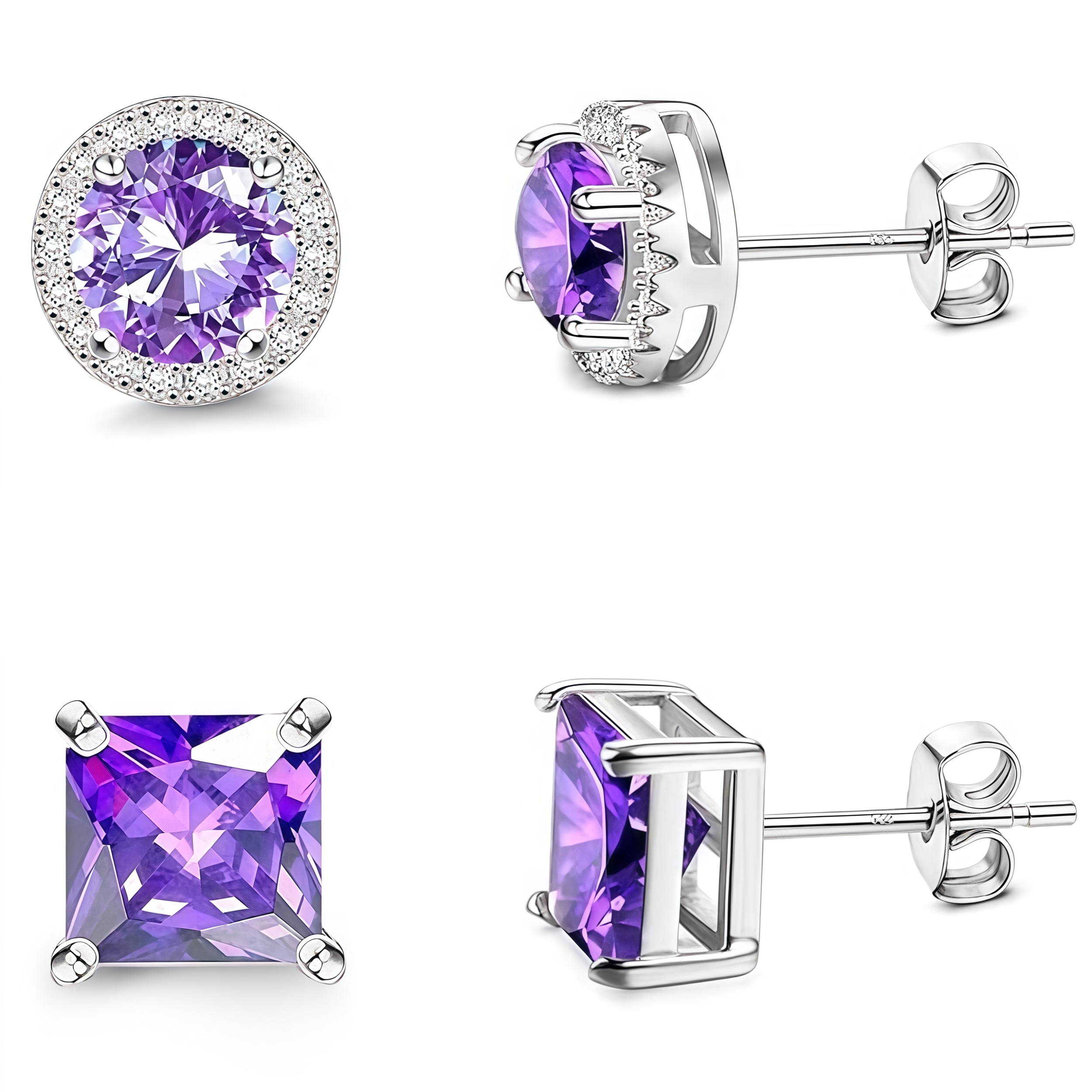2 Pair Set - 925 Sterling Silver Post  Stud Earrings 18K White Gold Plated Purple CZ Round Halo & Princess Cut (8.5mm/8mm)