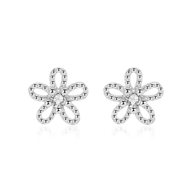 Earrings - Sterling Silver Post 14K White Gold Plated Cubic Zirconia Stamen Flower Stud Earrings for Women, Hypoallergenic Dainty Bloom CZ Studs (5mm)