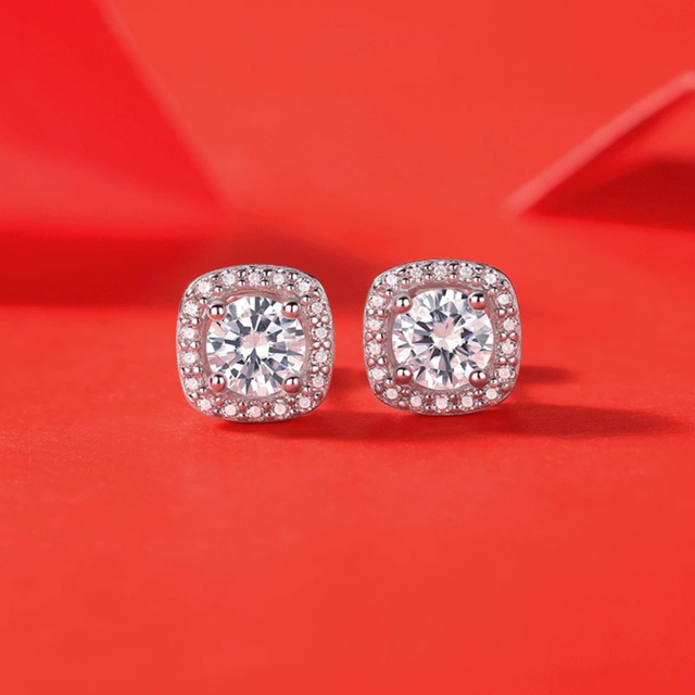 Earrings - S925 Sterling Silver Post 18K White Gold Plated Round Cubic Zirconia Stud Earring with Square Halo, Hypoallergenic Dazzling CZ Stud (10mm)