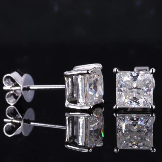 Earrings - S925 Sterling Silver Post 18K White Gold Plated Princess Cut Simulated Diamond Stud Earring for Women, Square CZ Stud for Sensitive Ears (8mm)