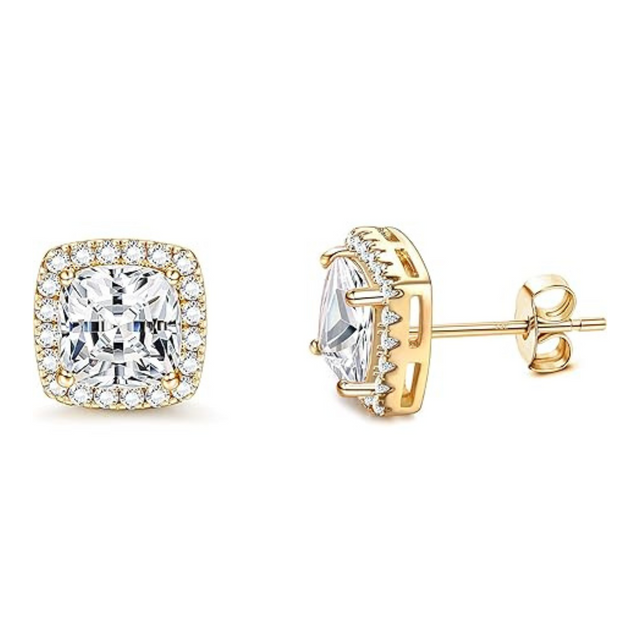 Earrings - 18K Gold Plated S925 Sterling Silver Post Big Brilliant Simulated Diamond CZ Square Halo Stud Earring for Women, Hypoallergenic for Sensitive Ears (10mm) Earrings - 18K Gold Plated S925 Sterling Silver Post Big Brilliant Simulated Diamond CZ Square Halo Stud Earring for Women, Hypoallergenic for Sensitive Ears (10mm)