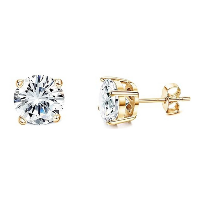 Earrings - 18K Gold Plated S925 Sterling Silver Post Big Brilliant Simulated Diamond CZ Round Solitaire Stud Earring for Women, Hypoallergenic for Sensitive Ears (8mm)
