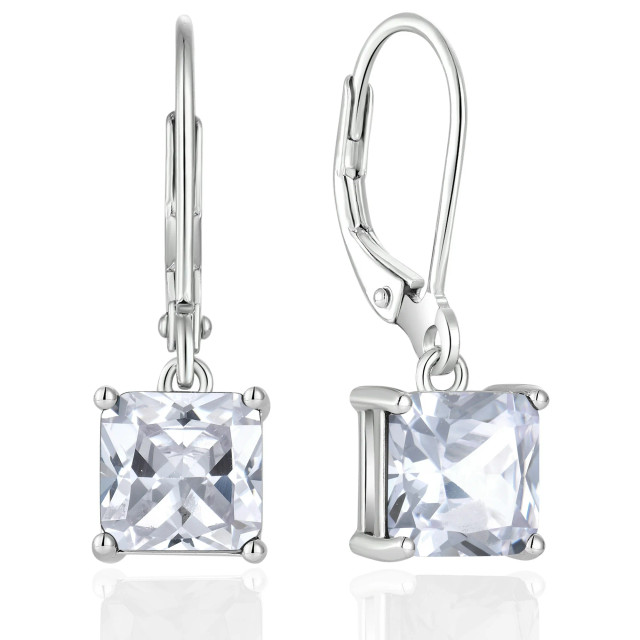 Earrings - 925 Sterling Silver Princess Cut 5A Cubic Zirconia Dangle Earring – 18K White Gold Plated Hypoallergenic Leverback Dangling Earring for Women (7mm)