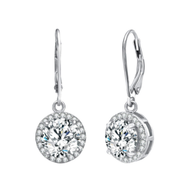 Earrings - Silver Dangle Round Halo 5A Cubic Zirconia Earring – Sparkling Hypoallergenic Leverback Dangling Earring for Women (7mm)