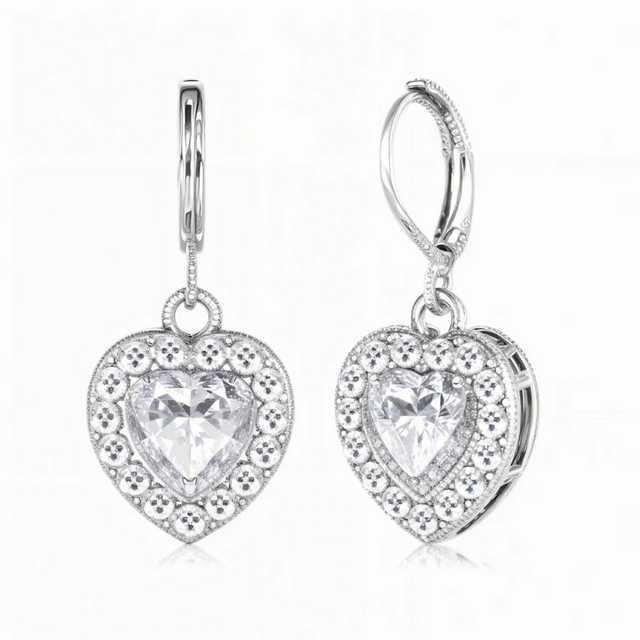 Earrings - 925 Sterling Silver Heart Halo Cubic Zirconia Dangle Earring – Leverback Sparkling Hypoallergenic Earring for Women Earrings - 925 Sterling Silver Heart Halo Cubic Zirconia Dangle Earring – Leverback Sparkling Hypoallergenic Earring for Women