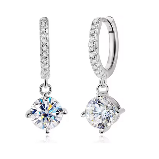 Earrings - Sterling Silver Round Cubic Zirconia Dangle Earring – Huggie Sparkling Solitaire Hypoallergenic Earring for Women