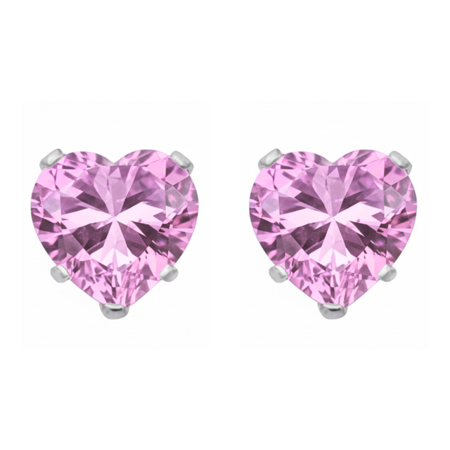 Earrings - Sterling Silver Pink Cubic Zirconia Heart Cut Studs (5mm)