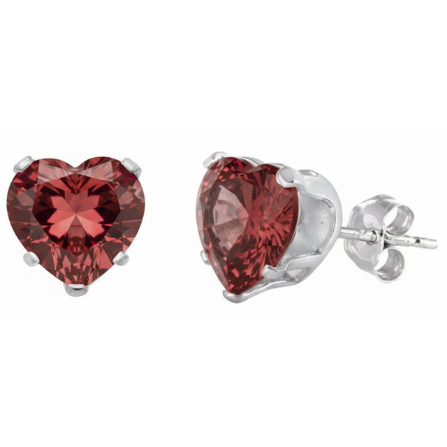 Earrings - Sterling Silver Garnet Cubic Zirconia Heart Cut Studs (5mm)