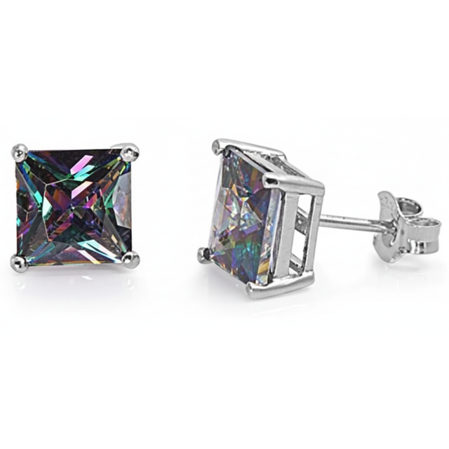 Earrings - Sterling Silver Rhodium Plated Rainbow Topaz Cubic Zirconia Princess Cut Studs (5mm)