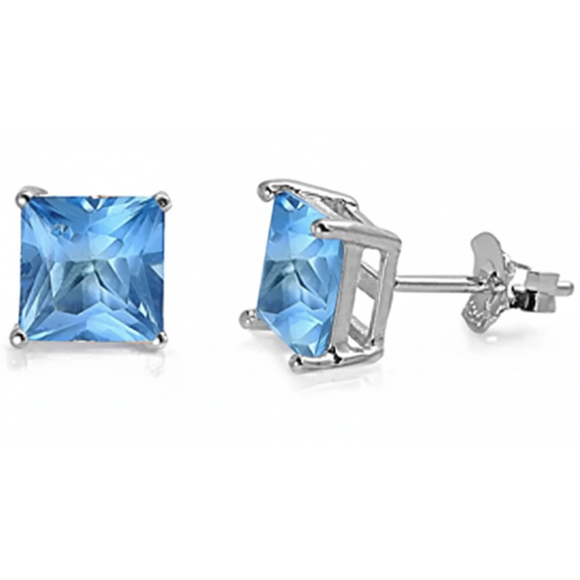 Earrings - Sterling Silver Rhodium Plated Blue Topaz Cubic Zirconia Princess Cut Studs (5mm)