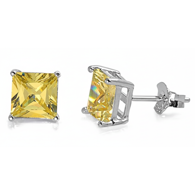 Earrings - Sterling Silver Rhodium Plated Citrine Cubic Zirconia Princess Cut Studs (5mm)