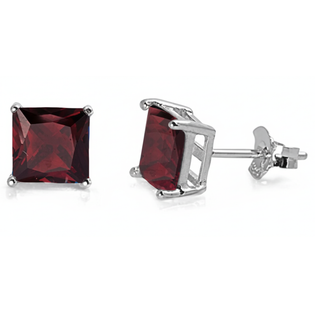 Earrings - Sterling Silver Rhodium Plated Garnet Cubic Zirconia Princess Cut Studs (5mm)