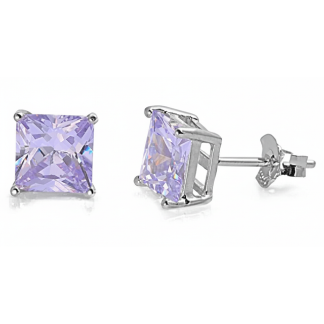 Earrings - Sterling Silver Rhodium Plated Cape Lavender Cubic Zirconia Princess Cut Studs (5mm)