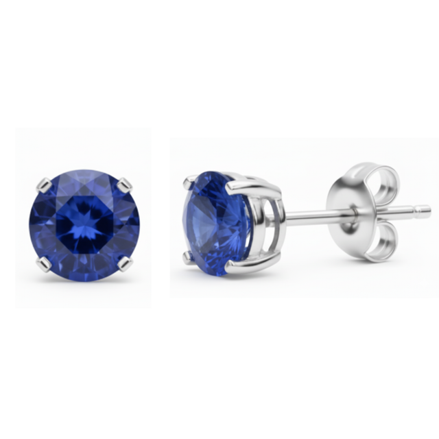 Earrings - Sterling Silver Rhodium Plated Blue Sapphire Cubic Zirconia Round Cut Studs (5mm)