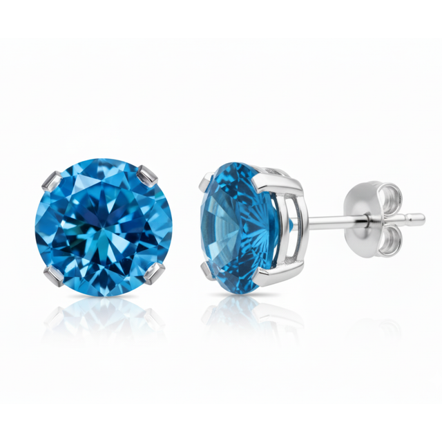 Earrings - Sterling Silver Rhodium Plated Blue Topaz Cubic Zirconia Round Cut Studs (5mm)