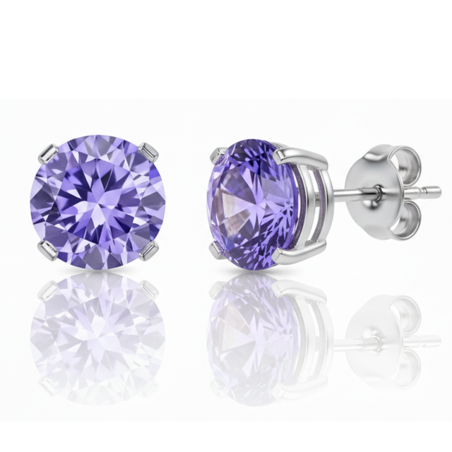 Earrings - Sterling Silver Rhodium Plated Lavender Cubic Zirconia Round Cut Studs (5mm)