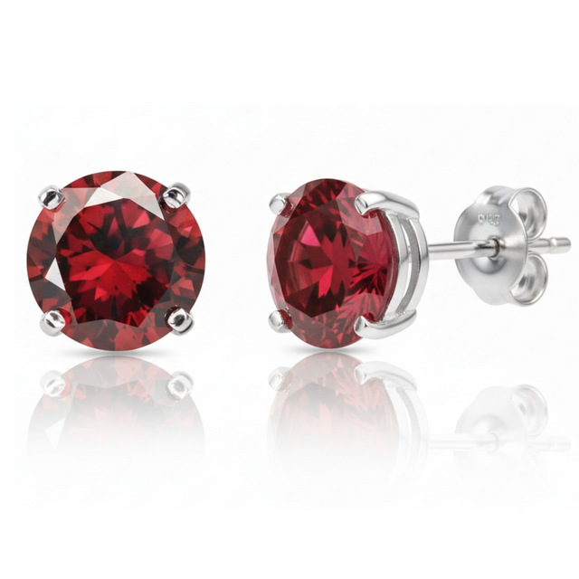 Earrings - Sterling Silver Rhodium Plated Garnet Cubic Zirconia Round Cut Studs (5mm)