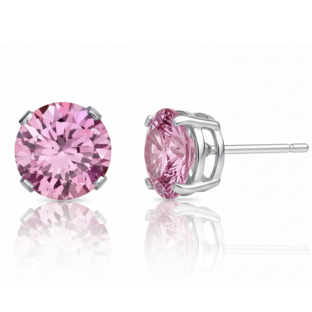 Earrings - Sterling Silver Rhodium Plated Pink Cubic Zirconia Round Cut Studs (5mm)